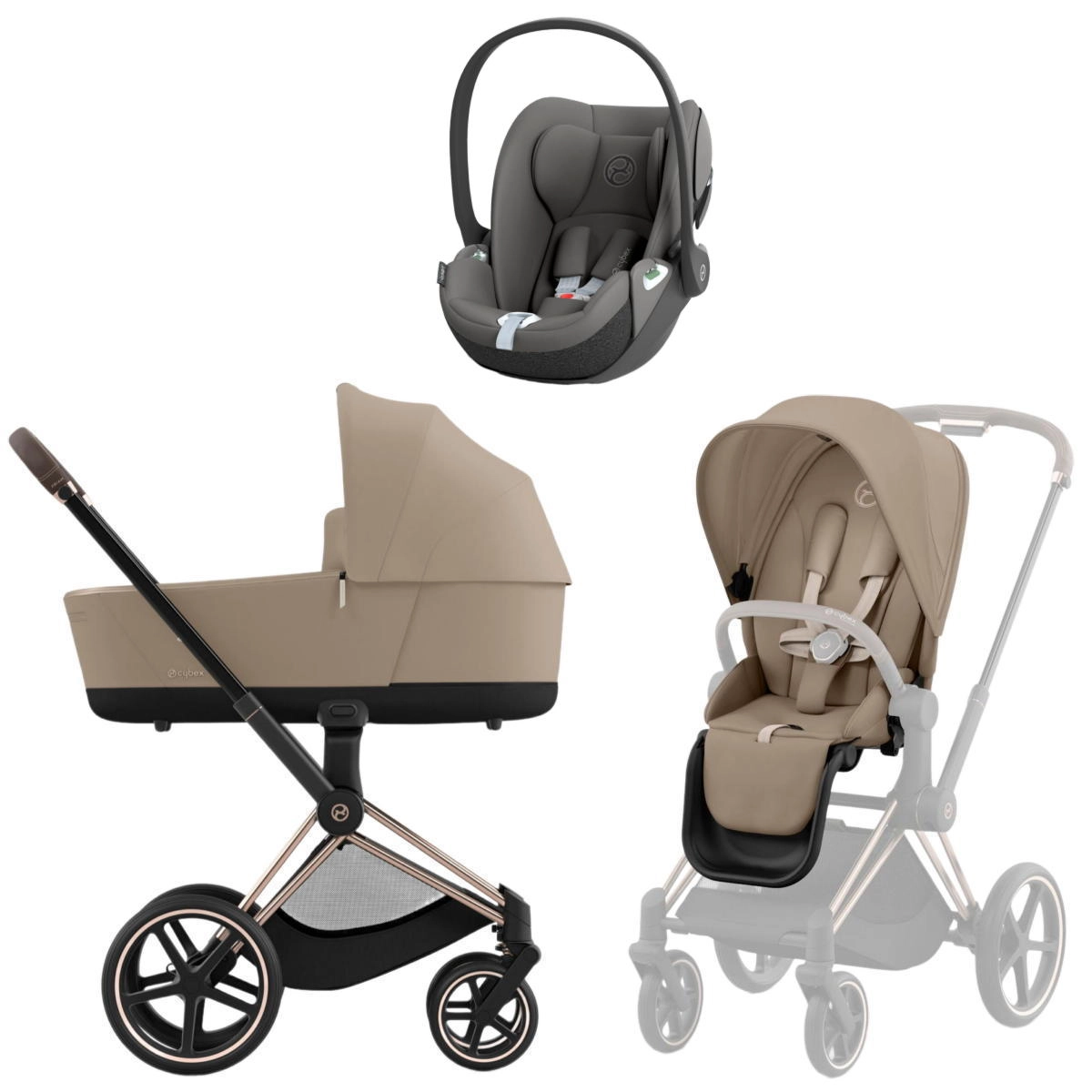 Коляска 3 в 1 Cybex Priam IV Rosegold Cozy Beige и автокресло Cloud T i-Size (Mirage Grey)