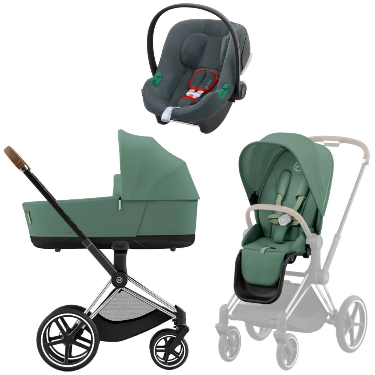 Коляска 3 в 1 Cybex Priam IV Chrome Brown Leaf Green и автокресло Aton B2 i-Size  (Steel Grey)
