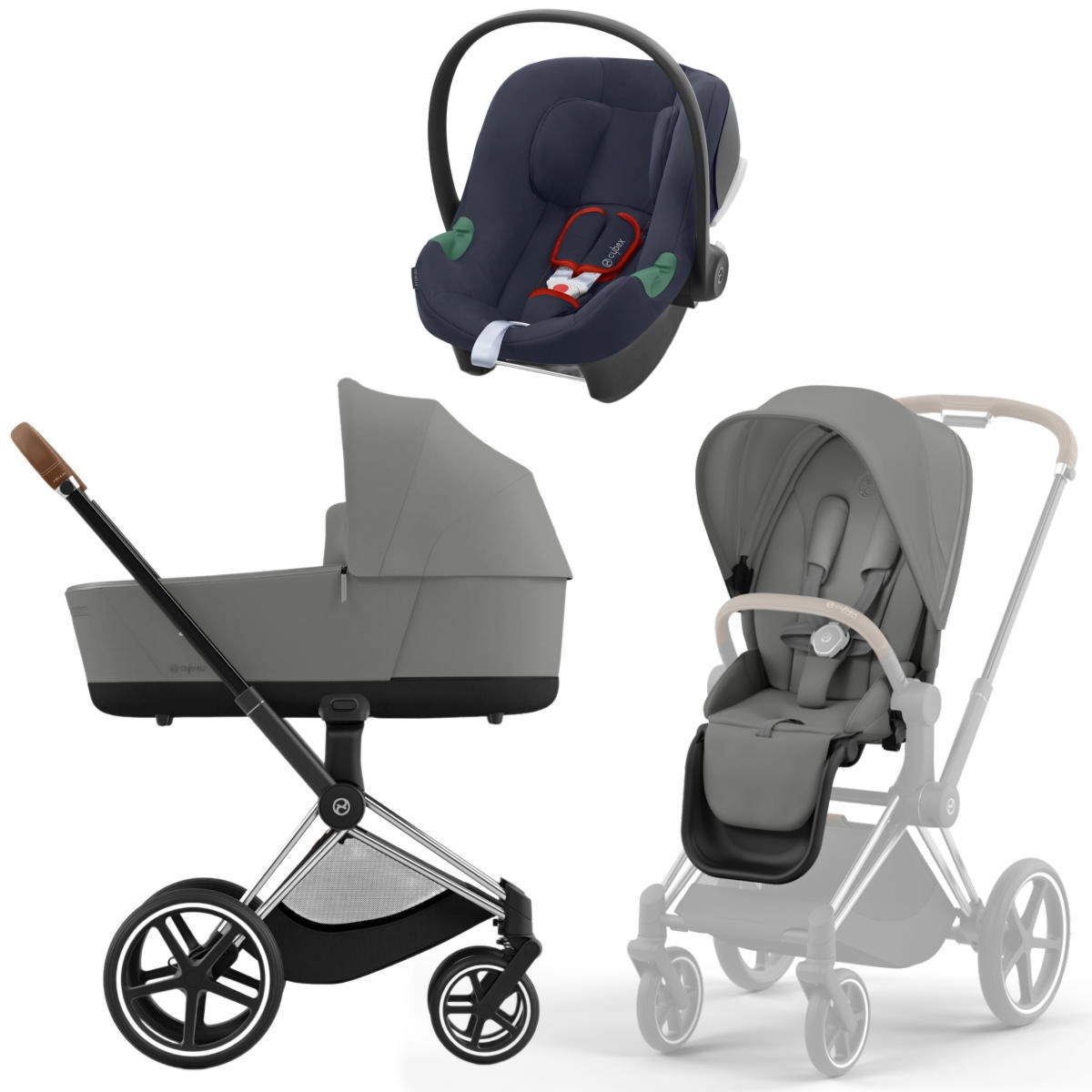 Коляска 3 в 1 Cybex Priam IV Chrome Brown Mirage Grey и автокресло Aton B2 i-Size  (Bay Blue)