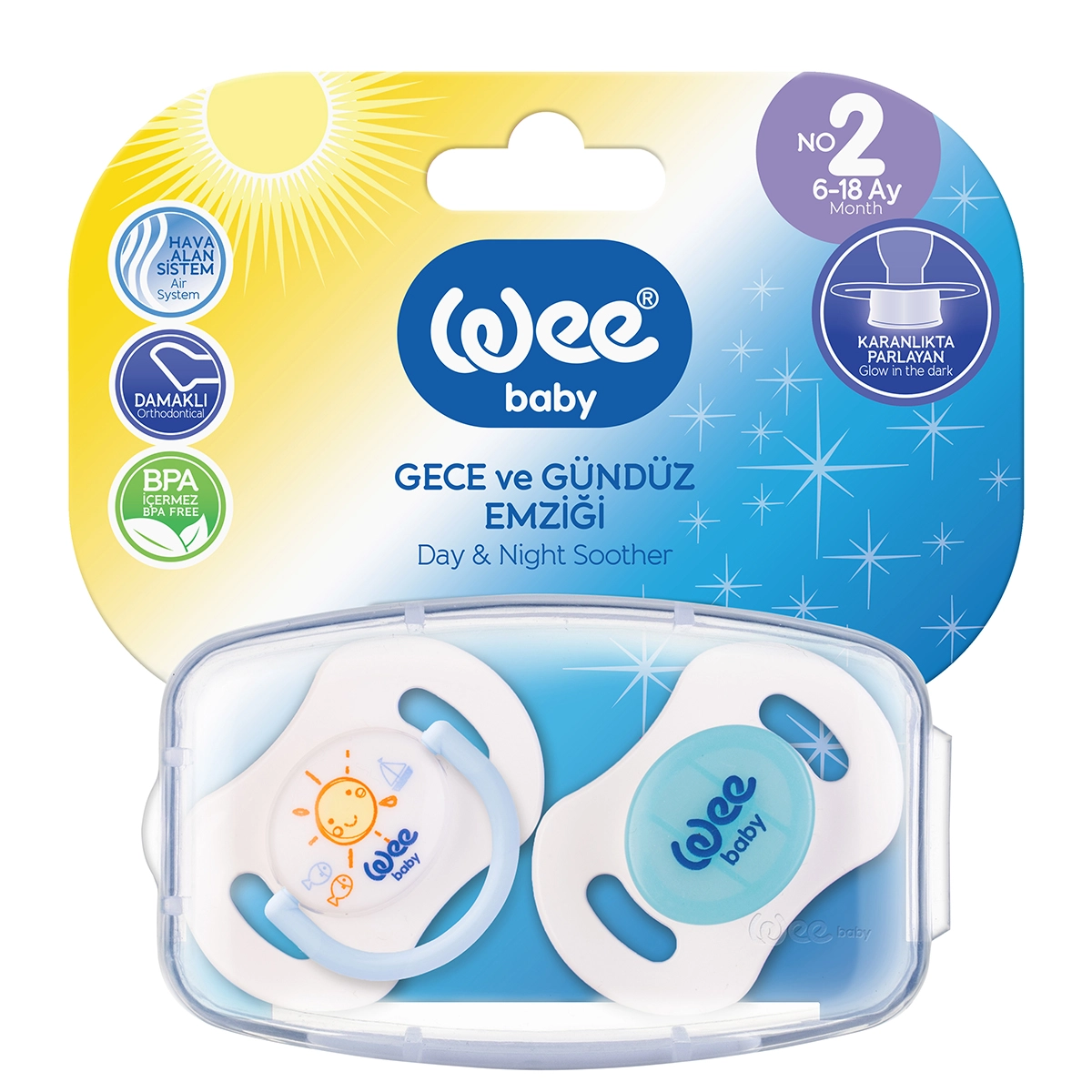 Набор ортодонтических сосок-пустышек WeeBaby День-Ночь, 2 шт. в контейнере, с 6 месяцев синий 108126194-nabor-ortodonticheskih-sosok-pustishek-weebaby