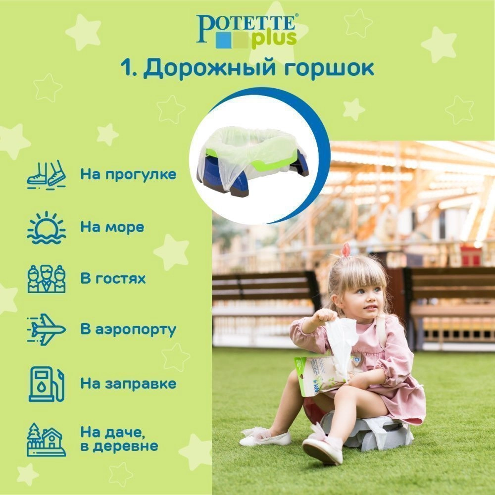 Дорожный горшок Potette plus складной, 10 одноразовых пакета синий-зеленый 3mzx78p62tu6wba7myuy44xk4jscc62m
