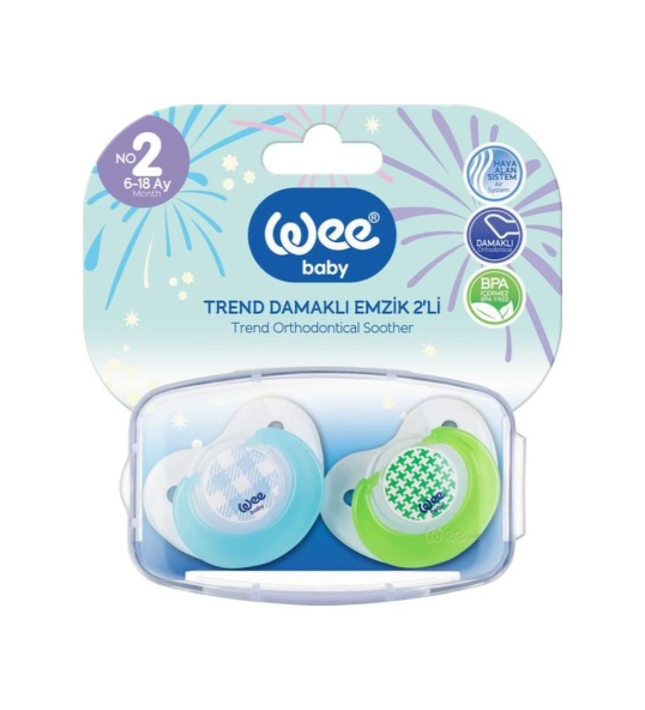 Набор ортодонтических сосок-пустышек WeeBaby TREND, 2 шт.в контейнере, с 6 месяцев голубой,зеленый 108126197-nabor-ortodonticheskih-sosok-pustishek-we