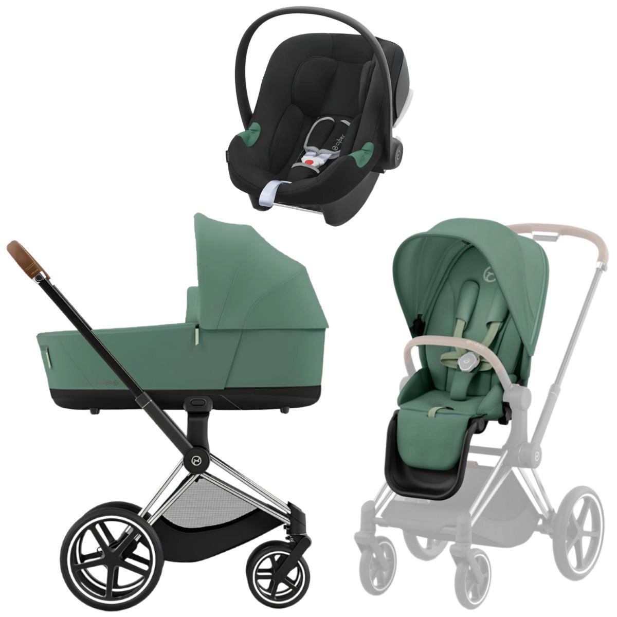 Коляска 3 в 1 Cybex Priam IV Chrome Brown Leaf Green и автокресло Aton B2 i-Size  (Volcano Black)