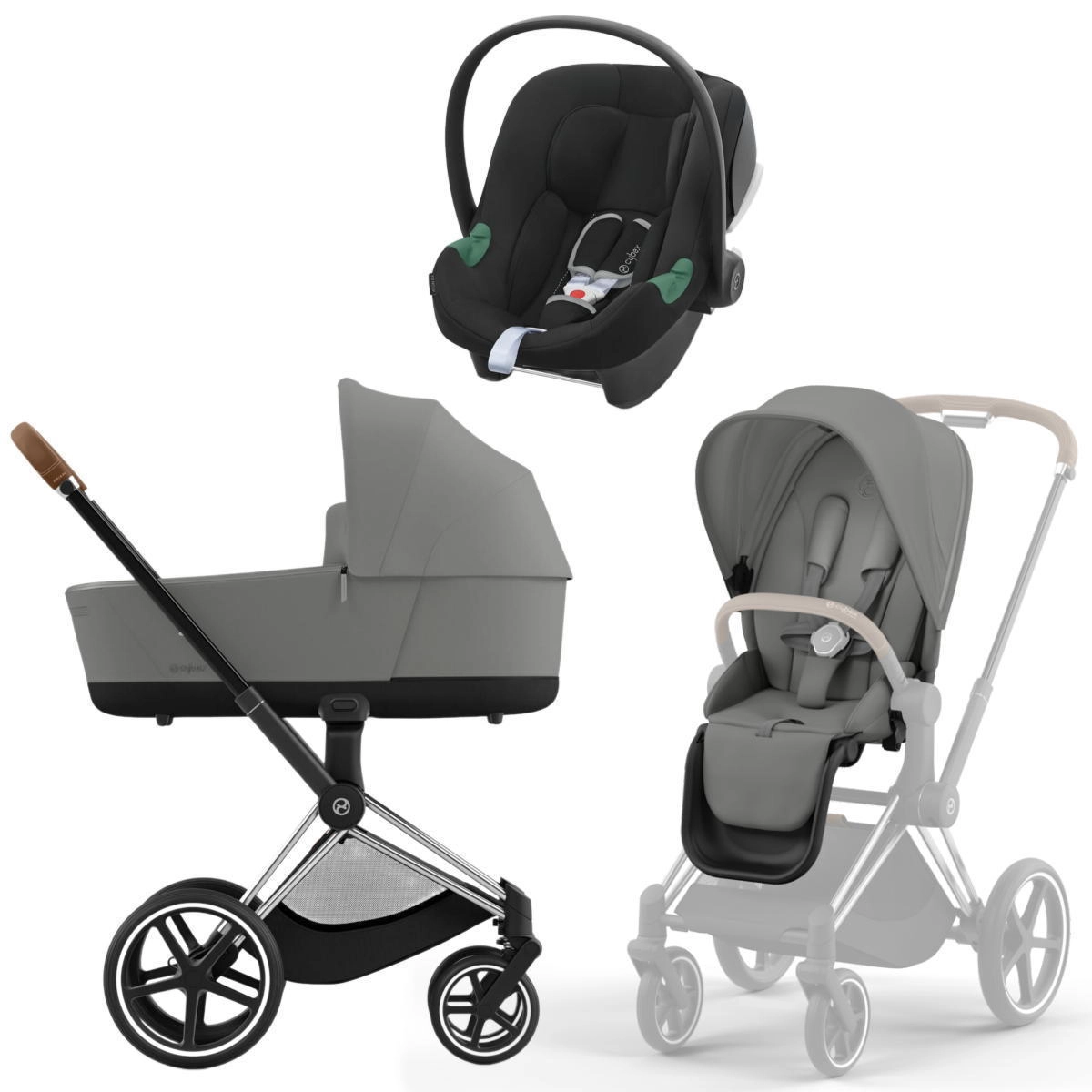 Коляска 3 в 1 Cybex Priam IV Chrome Brown Mirage Grey и автокресло Aton B2 i-Size  (Volcano Black)