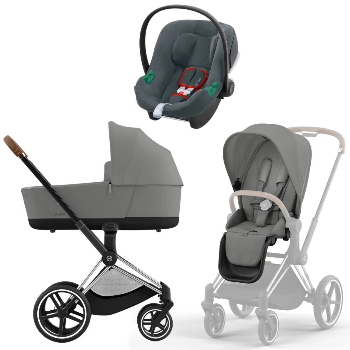 Коляска 3 в 1 Cybex Priam IV Chrome Brown Mirage Grey и автокресло Aton B2 i-Size  (Steel Grey)