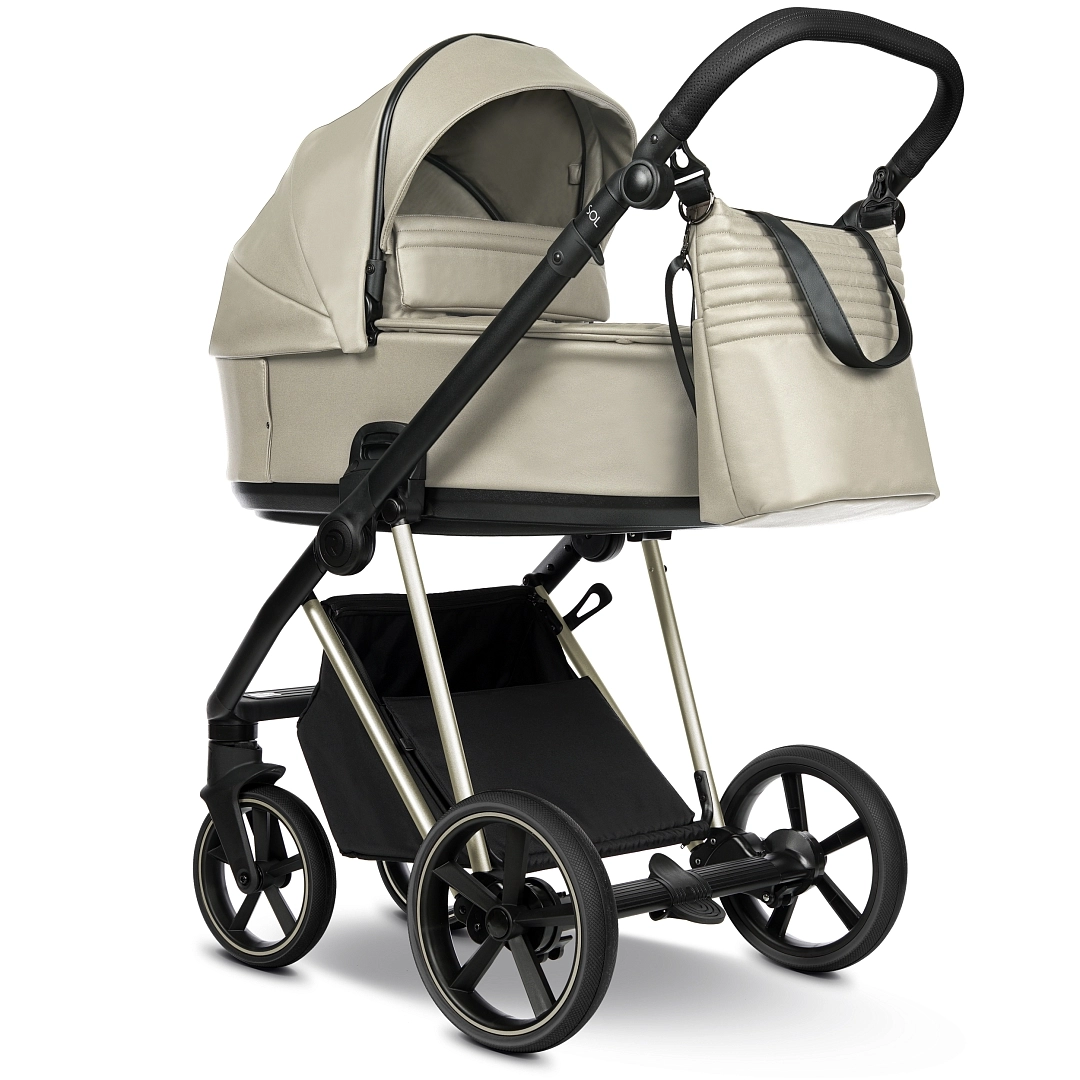 Коляска 2 в 1 Roan Sol Vintage Luxury Кожа (Almond Sugar /Cham/руч.Black/к.Black)