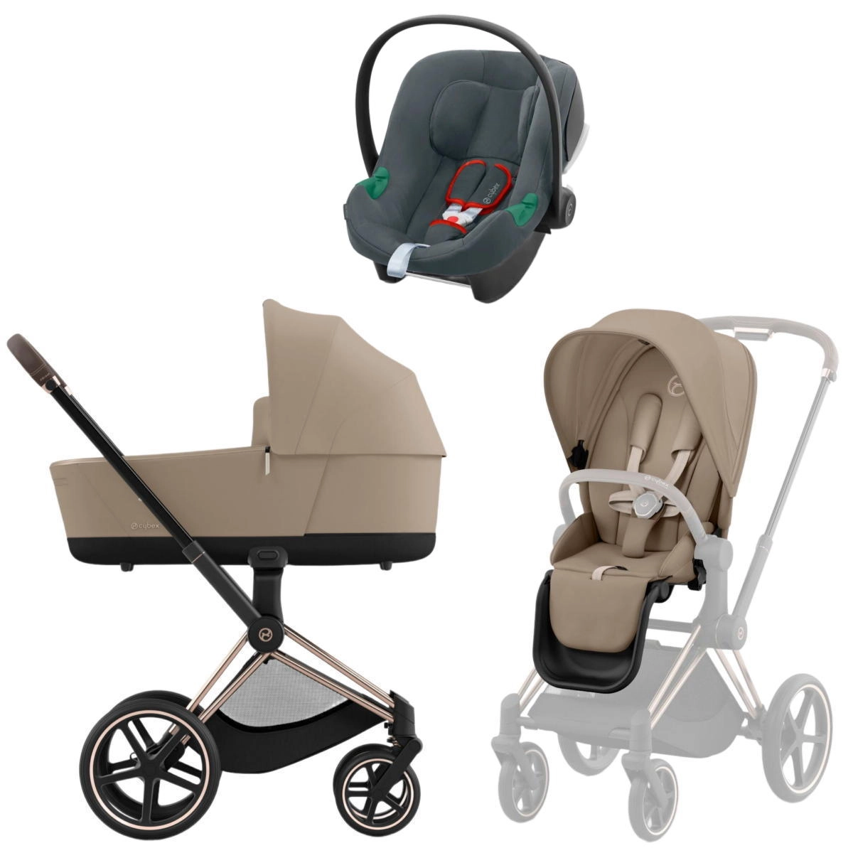 Коляска 3 в 1 Cybex Priam IV Rosegold Cozy Beige и автокресло Aton B2 i-Size (Steel Grey)