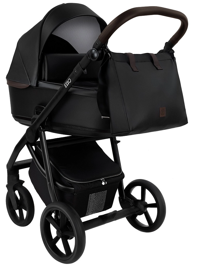Коляска 2 в 1 Roan Esso Кожа (Black /Black/руч.Тем.коричневый)