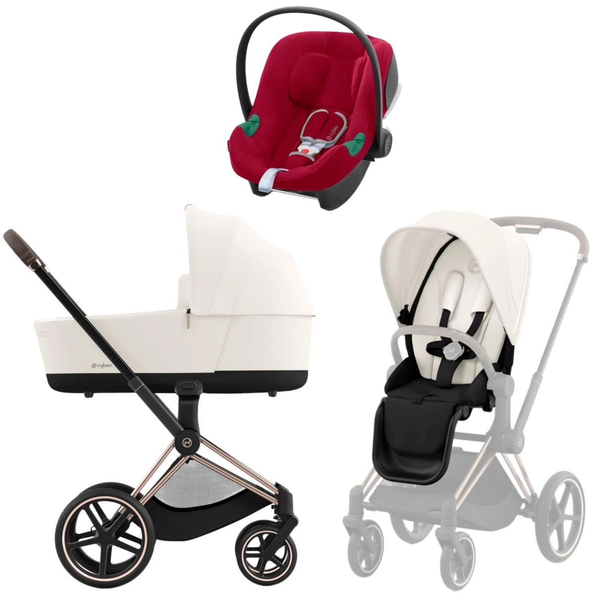 Коляска 3 в 1 Cybex Priam IV Rosegold Off White и автокресло Aton B2 i-Size (Dynamic Red)