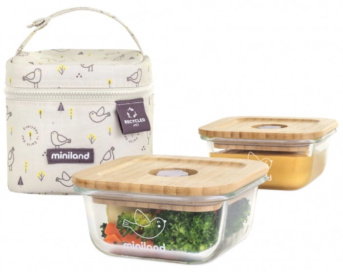 Термосумка Miniland Pack-2-Go Ecosquare с двумя стеклянными квадратными контейнерами по 210 мл птички dklc7yy44kc20nactz6gzv4w9awvzmlk