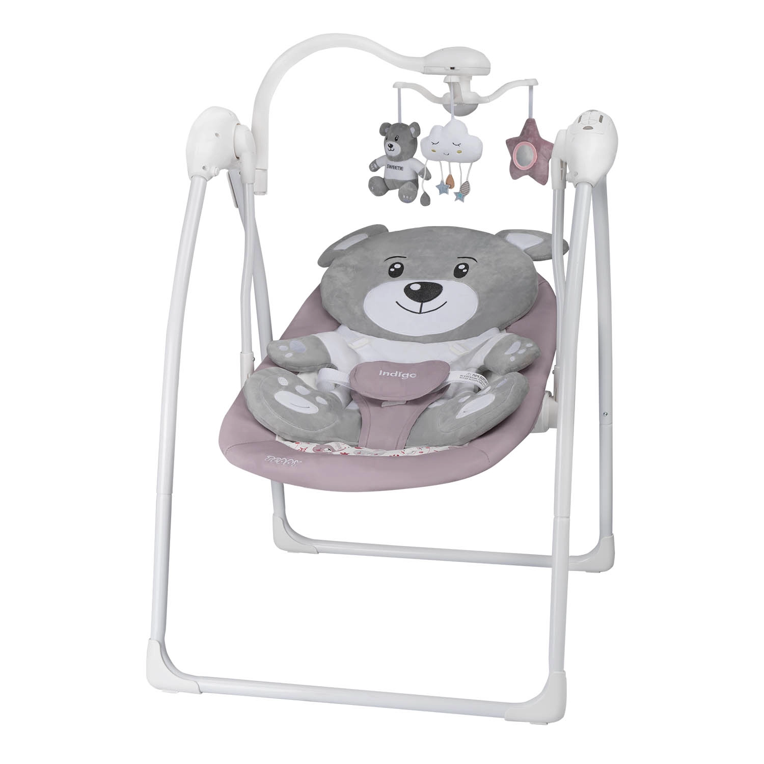 Электрокачели Indigo TEDDY (0-9 кг), с адаптером, п/у, 12 мел., 5 скоростей, москитка Розовый 7ac6470f519cde36fff3a8821c994153