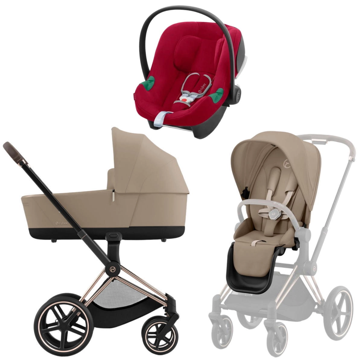 Коляска 3 в 1 Cybex Priam IV Rosegold Cozy Beige и автокресло Aton B2 i-Size (Dynamic Red)