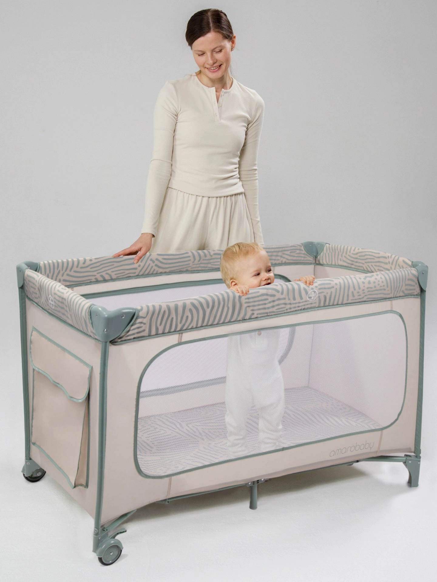 Манеж-кровать Amarobaby SMART (бежевый/зеленый)
