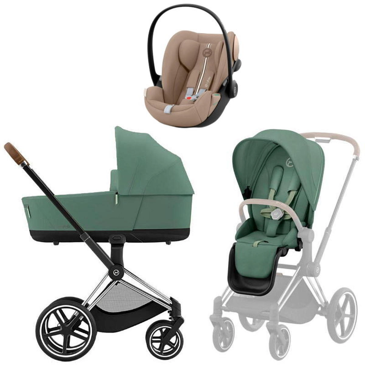 Коляска 3 в 1 Cybex Priam IV Chrome Brown Leaf Green и автокресло Cloud G i-Size (Almond Beige Plus)