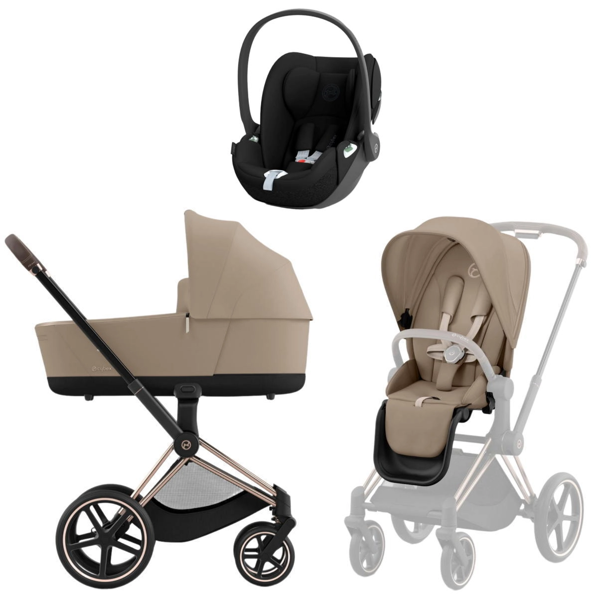 Коляска 3 в 1 Cybex Priam IV Rosegold Cozy Beige и автокресло Cloud T i-Size (Sepia Black)