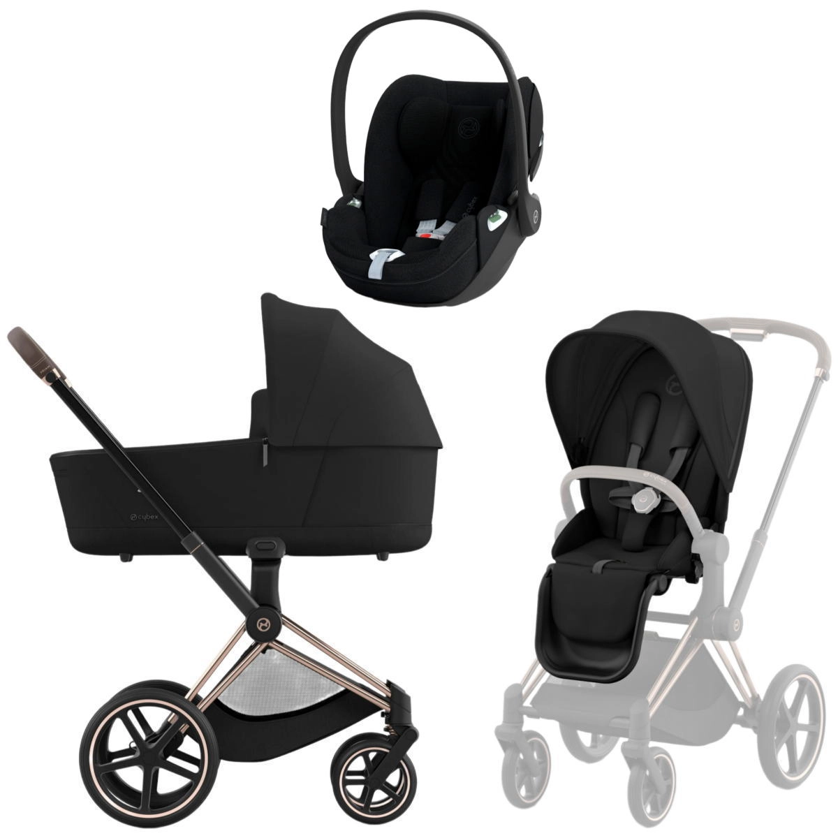 Коляска 3 в 1 Cybex Priam IV Rosegold Sepia Black и автокресло Cloud T i-Size (Sepia Black Plus)