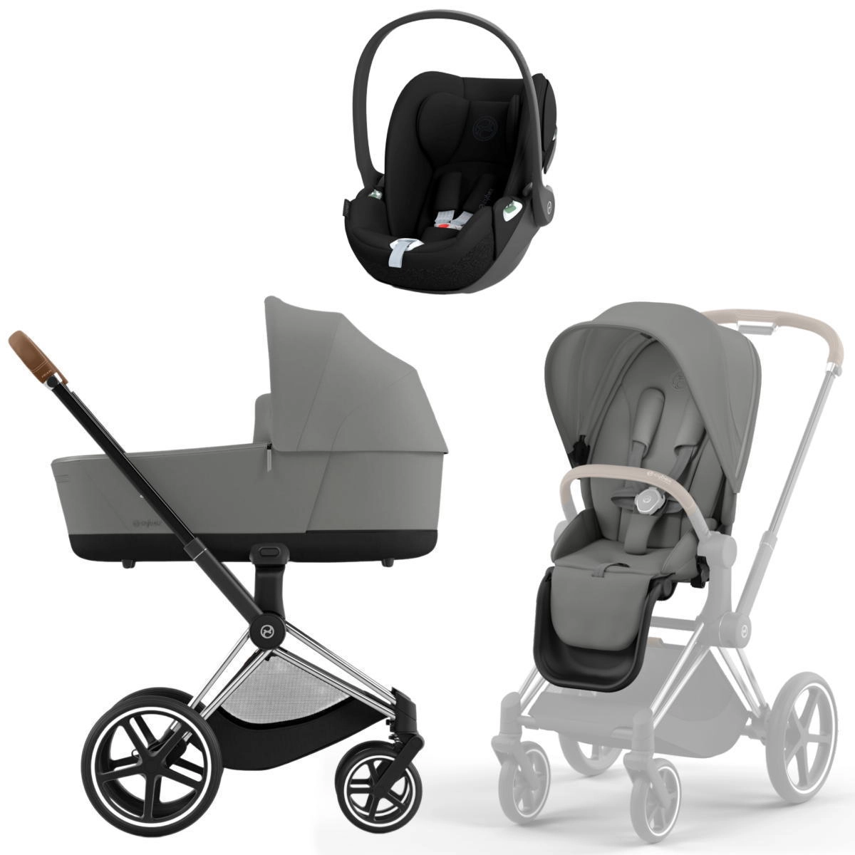 Коляска 3 в 1 Cybex Priam IV Chrome Brown Mirage Grey и автокресло Cloud T i-Size (Sepia Black)