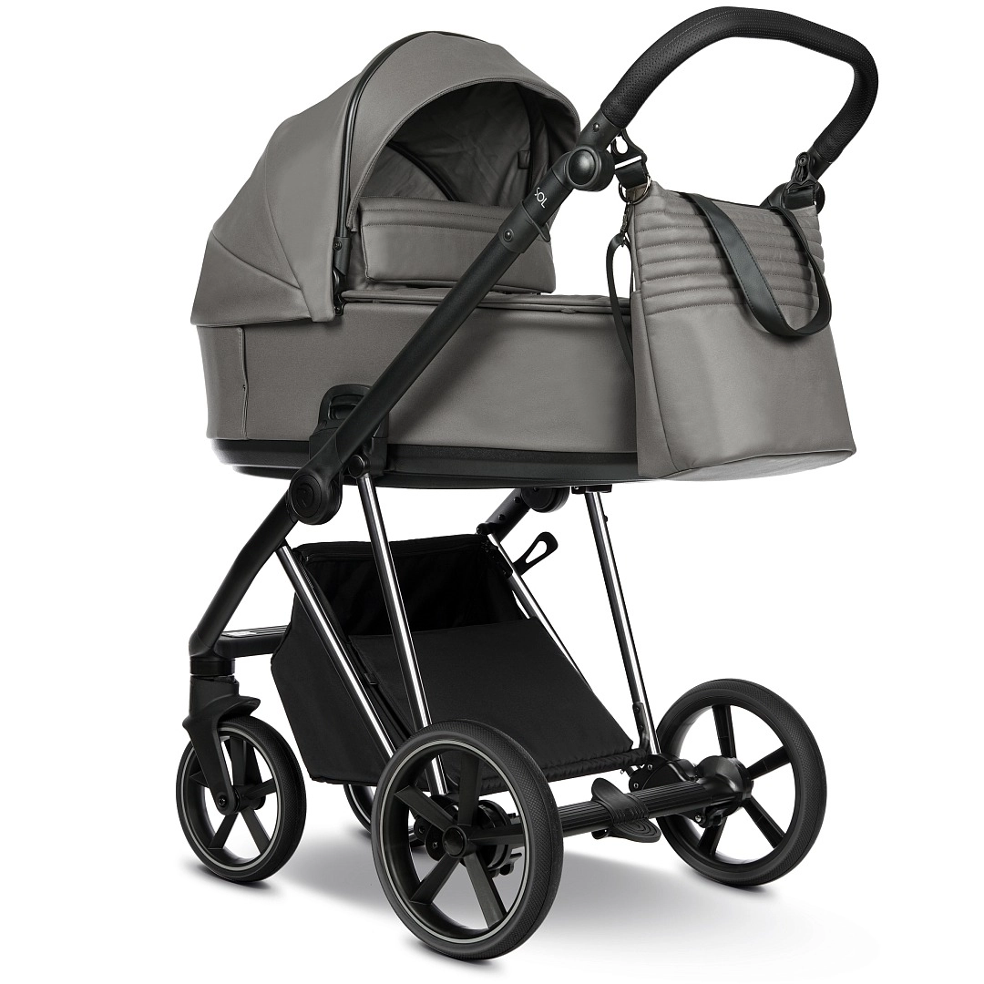 Коляска 2 в 1 Roan Sol Vintage Luxury Кожа (Glacier Gray/Nickel/руч.Black)