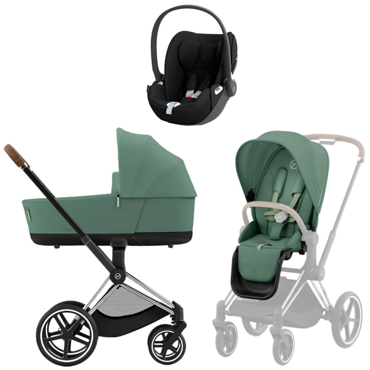 Коляска 3 в 1 Cybex Priam IV Chrome Brown Leaf Green и автокресло Cloud T i-Size (Sepia Black)