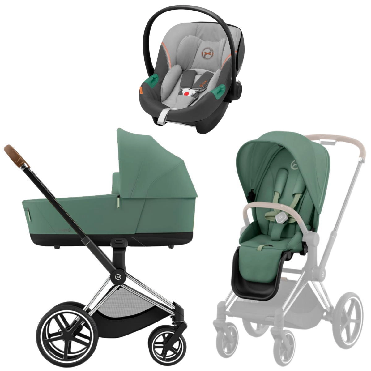 Коляска 3 в 1 Cybex Priam IV Chrome Brown Leaf Green и автокресло Aton S2 i-Size (Lava Grey)