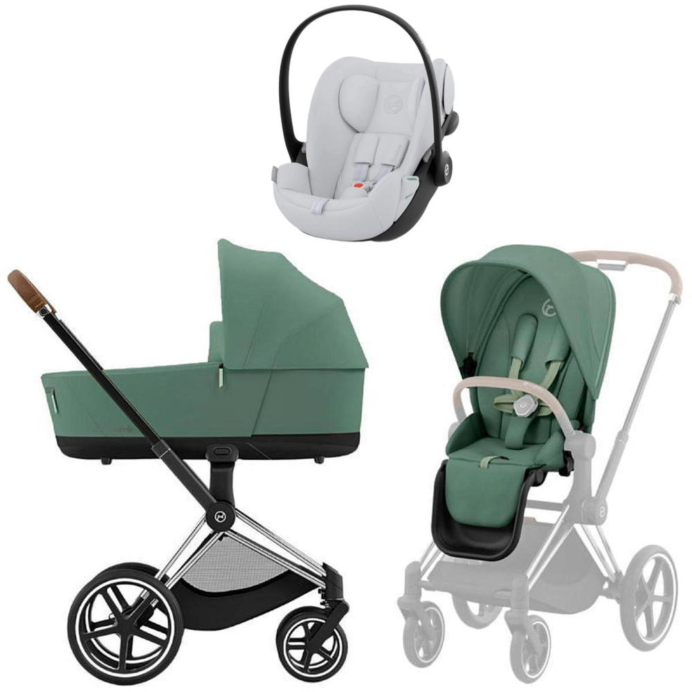 Коляска 3 в 1 Cybex Priam IV Chrome Brown Leaf Green и автокресло Cloud G i-Size (Fog Grey)