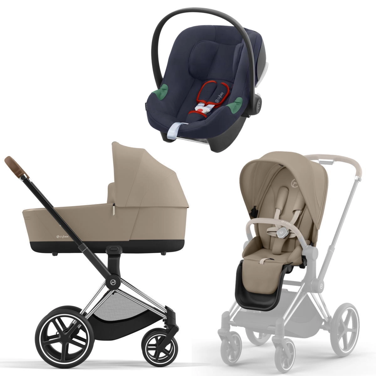 Коляска 3 в 1 Cybex Priam IV Chrome Brown Cozy Beige и автокресло Aton B2 i-Size  (Bay Blue)
