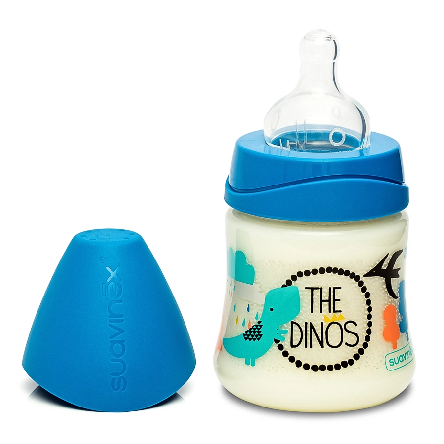Бутылка Suavinex силиконовая круглая соска 150мл от 0мес. Синий динозавр 108111059-butilka-suavinex-silikonovaya-kruglaya-soska-150ml-ot-0mes-sinii-di