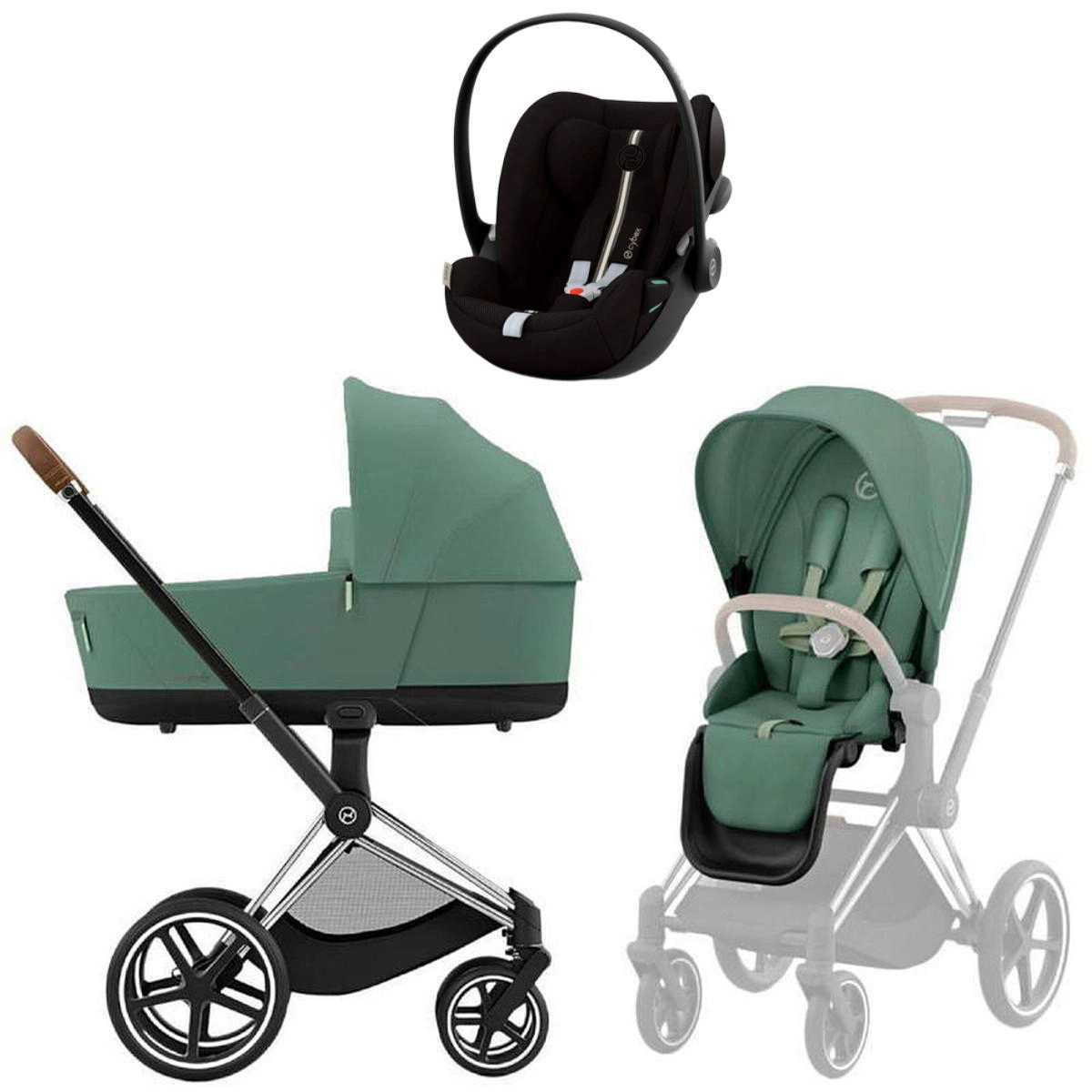 Коляска 3 в 1 Cybex Priam IV Chrome Brown Leaf Green и автокресло Cloud G i-Size (Moon Black Plus)