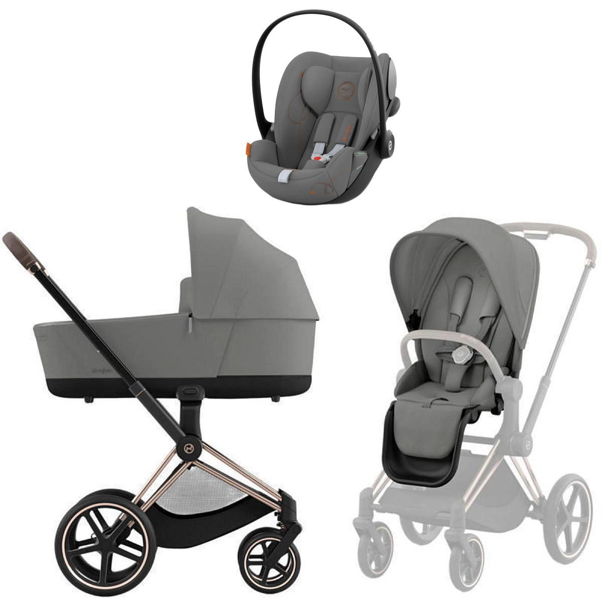 Коляска 3 в 1 Cybex Priam IV Rosegold Mirage Grey и автокресло Cloud G i-Size (Lava Grey)