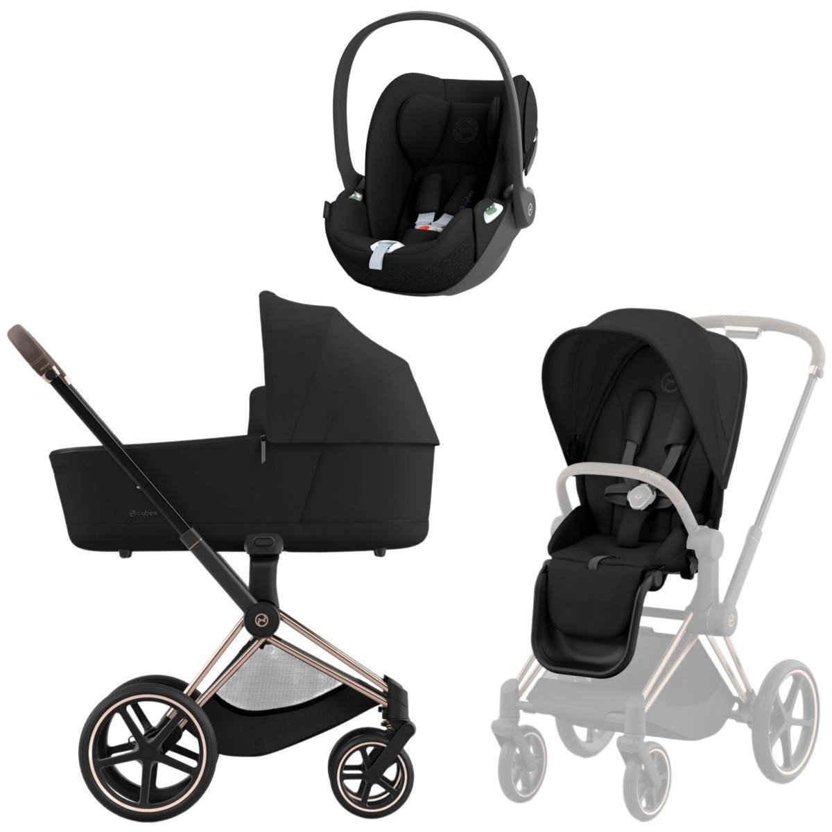 Коляска 3 в 1 Cybex Priam IV Rosegold Sepia Black и автокресло Cloud T i-Size (Sepia Black)