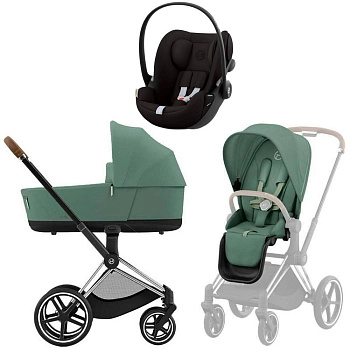 Коляска 3 в 1 Cybex Priam IV Chrome Brown Leaf Green и автокресло Cloud G i-Size (Magic Black)