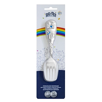 Вилка для кормления детская Кольчугинский мельхиор "Мишка" посеребренная с эмалью в блистере (Голубая)