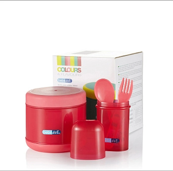 Набор для кормления Bebe Due: Термоконтейнер 300мл, пенал с ложкой и вилкой. (розовый-красный)