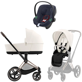 Коляска 3 в 1 Cybex Priam IV Rosegold Off White и автокресло Aton B2 i-Size (Bay Blue)