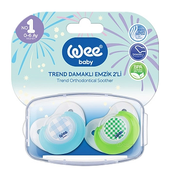 Набор ортодонтических сосок-пустышек WeeBaby TREND, 2 шт.в контейнере, с рождения (голубой,зеленый)