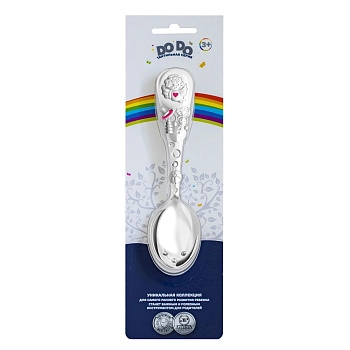 Ложка для кормления детская Кольчугинский мельхиор "Ангел" посеребренная с эмалью в блистере (Розовая)
