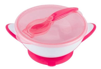 Тарелочка BabyOno с присоской, крышкой и ложечкой (Розовая)