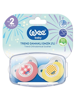 Набор ортодонтических сосок-пустышек WeeBaby TREND, 2 шт.в контейнере, с 6 месяцев (розовый,желтый)
