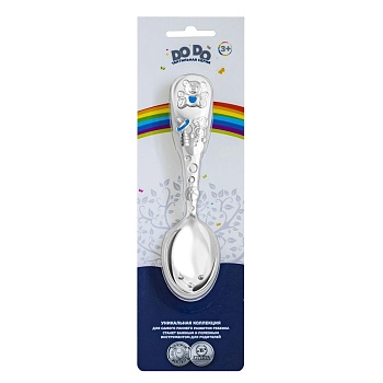 Ложка для кормления детская Кольчугинский мельхиор "Мишка" посеребренная с эмалью в блистере (Голубая)