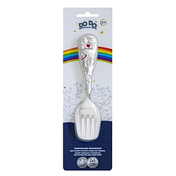 Вилка для кормления детская Кольчугинский мельхиор "Мишка" посеребренная с эмалью в блистере (Розовая)