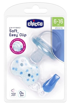 Пустышка Chicco Physio Soft + прищепка, силикон, 6-16м (Голубая)