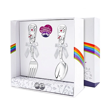 Набор детский Кольчугинский мельхиор (л+в) посеребренный 2пр. (Мишка розовый + футляр)