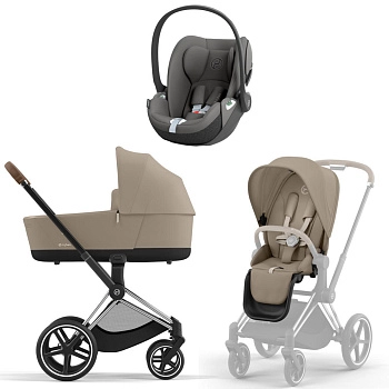 Коляска 3 в 1 Cybex Priam IV Chrome Brown Cozy Beige и автокресло Cloud T i-Size (Mirage Grey)