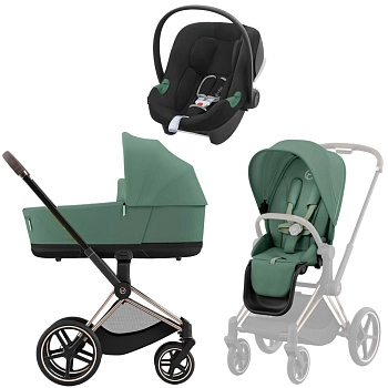 Коляска 3 в 1 Cybex Priam IV Rosegold Leaf Green и автокресло Aton B2 i-Size (Volcano Black)