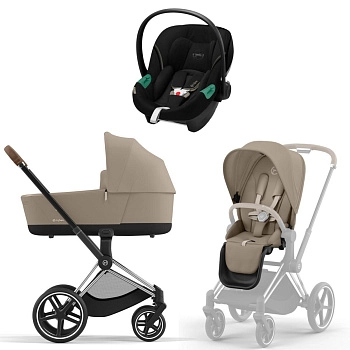 Коляска 3 в 1 Cybex Priam IV Chrome Brown Cozy Beige и автокресло Aton S2 i-Size (Moon Black)