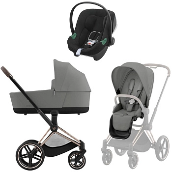 Коляска 3 в 1 Cybex Priam IV Rosegold Mirage Grey и автокресло Aton B2 i-Size (Volcano Black)