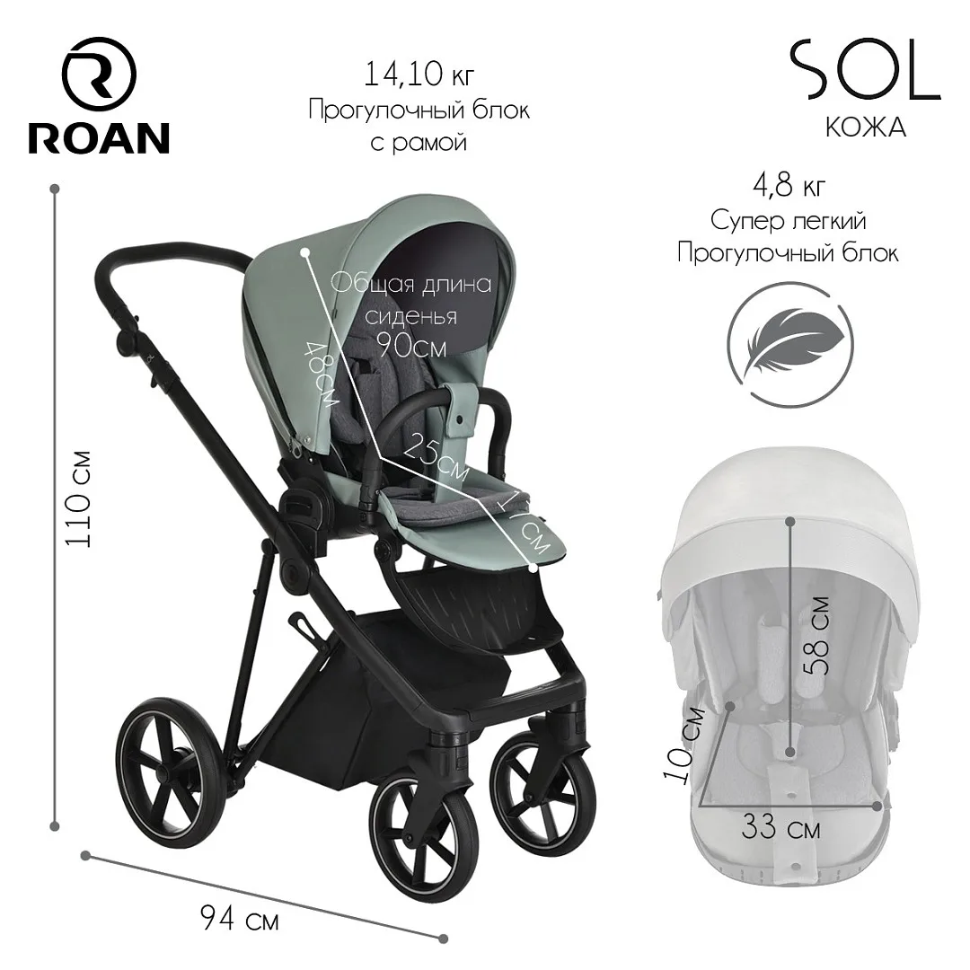 Коляска 2 в 1 Roan Sol Кожа Misti Mint/Grey/руч. Серый szhyd4dcctwku8vvm7g40oi8bwhpj83a